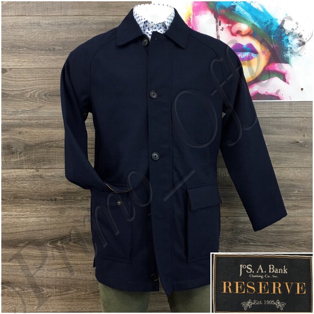 Jos A Bank Mens Casual Overcoat Jacket Size L Wool Long Trench Flannel Lined